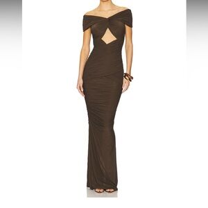 Ronny Kobo Collection Brown Off-Shoulder Dress